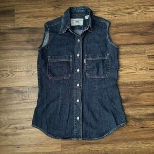 Levi's Silver Tab Vintage Dark Wash Denim Vest Collar Pockets Women‎ M Western